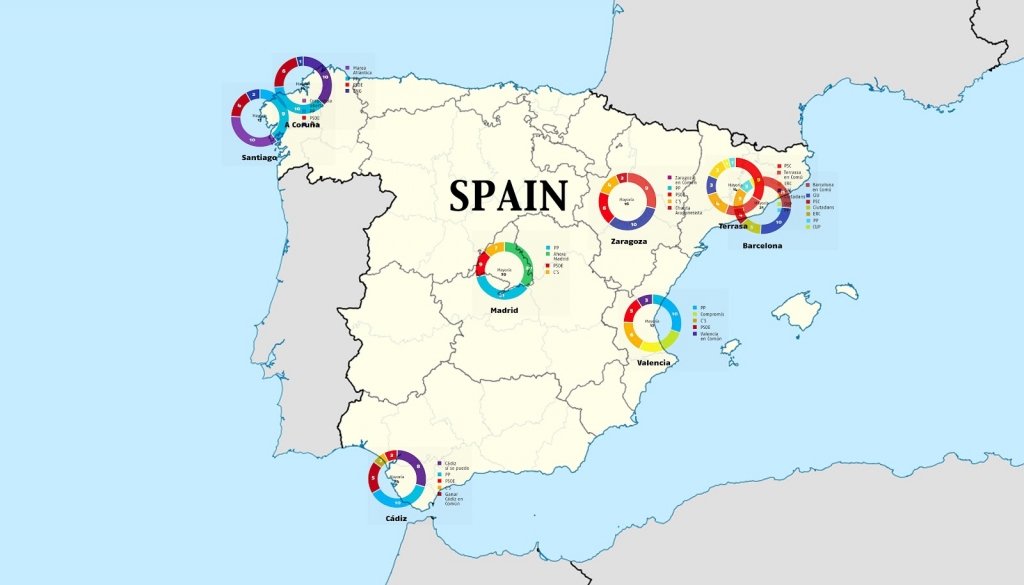 Cities in Spain currently governed by "Confluence" coalitions. 